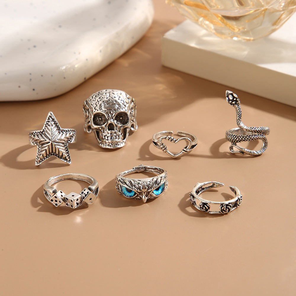 Wholesale Alloy Skull Snake Men Ring Set of 7